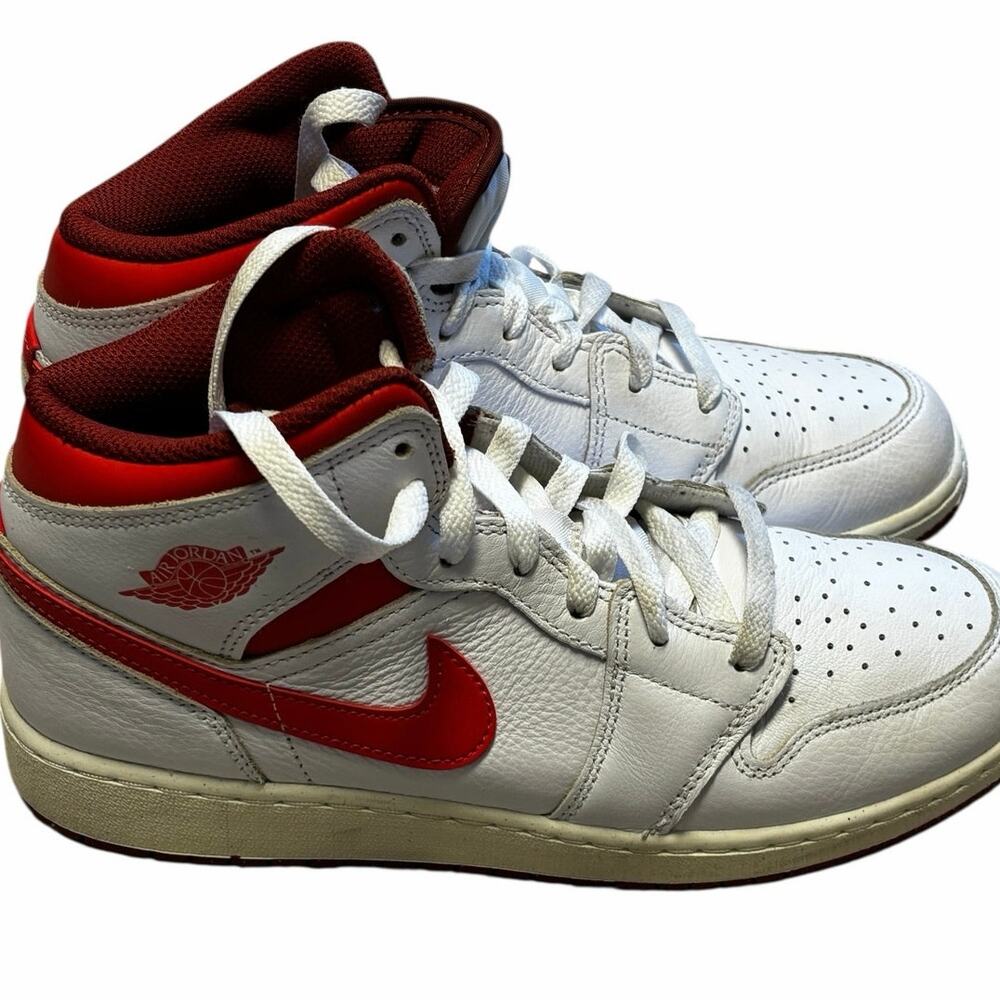 Nike Air Jordan 1 Mid GS White Red Leather High Top Sneakers Youth 7Y